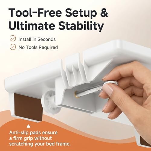 Clamp-On Bedside Shelf with Detachable Cup Holder & Cable Slots, Space-Saving Floating Nightstand for Top Bunk, Max 2.9", White - Image 7