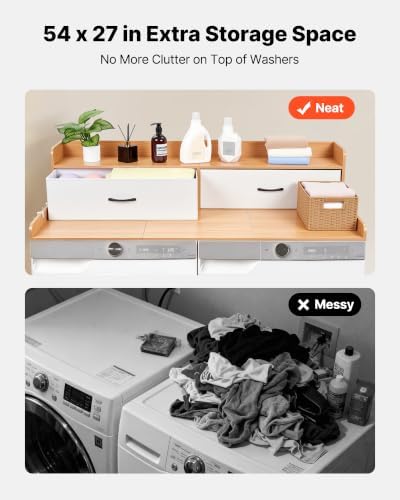 VEVOR 2 Drawers Washer Dryer Countertop with Shelf, 54" x 27" Wooden Laundry Countertop with 2 Hooks & Splicing Panels, Washer and Dryer Topper, Laundry Room Organization and Storage, Natural - Image 3
