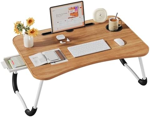 Lap Desk Bed Trays for Eating and Laptops Breakfast in Bed Tray for Sofa/Couch/Study/Reading/Writing with Cup Holder/Drawer On Low Sitting Floor Large Portable Foldable (Walnut Beige) by Unknown