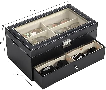 CO-Z Sunglasses Organizer with 12 Slots, Multiple Eyeglasses Eyewear Display Case for Women Men, 2 Story Leather Multi Sunglasses Jewelry Collection Holder with Drawer - Image 2