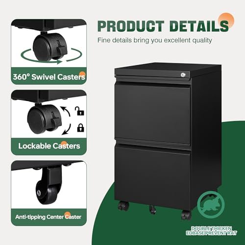 Letaya Mobile File Cabinet with Lock,2 Drawer Under Desk Metal Rolling Filing Cabinets for Home Office Organizer Letters/Legal/A4(Fully Assembled-Black) (Pack of 2) - Image 6