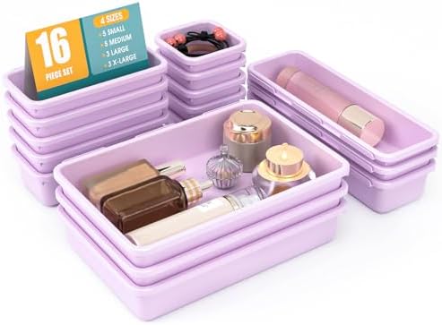 16 PCS Drawer Organizer Set, 4 Size Makeup Drawer Divider Organizer With Non-Slip Pads, Interlocking Plastic Storage Bins for Office,Jewelry Vanity,Gadgets, Bathroom,Kitchen, Purple by StoreHappily