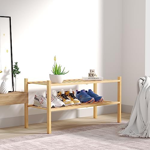 ROMGUAR CRAFT 2 Tier Bamboo Shoe Rack for Closet Free Standing Wood Shoe Shelf for Entryway Small Space Stackable 27"x11"x13" (Natural) - Image 7