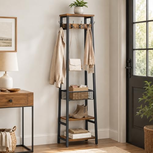 Coat Rack with Metal Basket and Storage Shelves - Image 4
