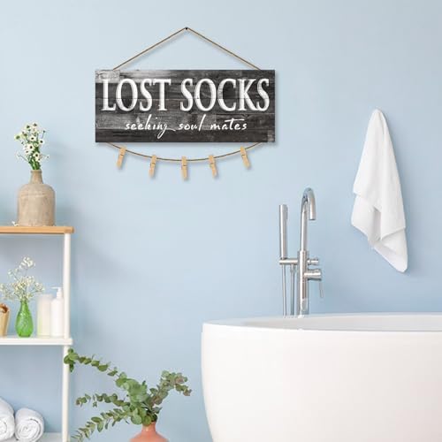 1 KINGO Laundry Lost Socks Rustic Sign Wall Decor for Washroom, Farmhouse Black Lost Socks Seeking Soul Mates Canvas Print Art, Rustic Plaque Bathroom Decoration 6" x 15" - Image 4