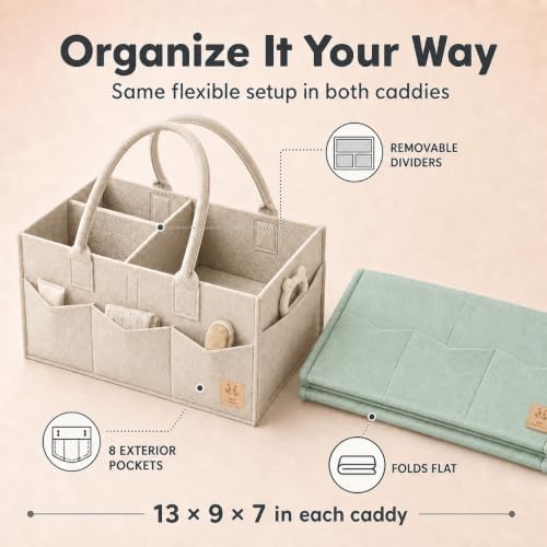 HIPHOP PANDA 2-Pack Diaper Caddy Organizer - Nursery Storage Bin & Car Organizer for Diapers, Wipes, and Baby Essentials - Dual-Color Solid Set (Green/Oatmeal), Regular Size - Image 3