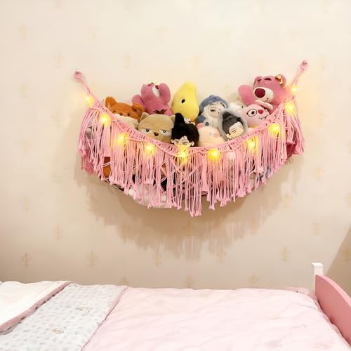 Stuffed Animal Hammock or Net With LED Lights Extra Large Wall Hanging Stuffed Animal Storage Nets for Teddy Bear Handmade Macrame Hanging Toy Net Hammock for Stuffed Animal(Pink) - Image 6