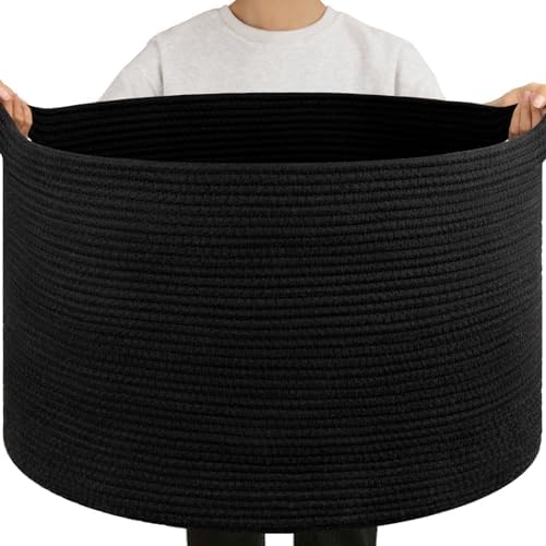 OIAHOMY 105L Extra Large Blanket Basket - Decorative Cotton Rope Storage Basket for Bedroom, Living Room & Nursery - Woven Laundry Hamper for Organizing Blankets, Clothes & Toys - Black by MasterofSpaceOptimization