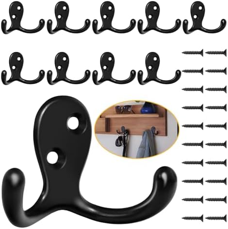 Homanu 10 Pack Black Coat Hooks Wall Mounted Double Prong with 20 Screws by Homanu