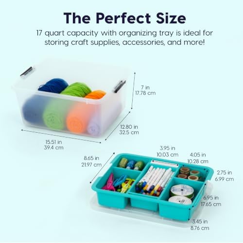 IRIS USA 18 Quart Craft Storage Organizer with Teal Removable Tray - Image 2