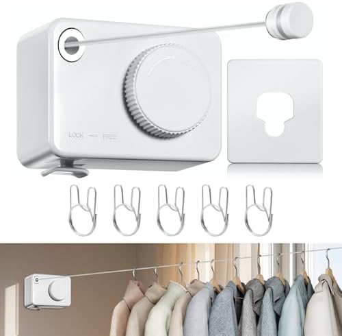 Retractable Clothesline Indoor, Non-Sagging Clothes Line Retracting Outdoors,13.8Ft Heavy Duty Clothes Drying Laundry Line, Wall Mounted Clothesline with 5pcs Hooks (RectangleWhite) by Archimas