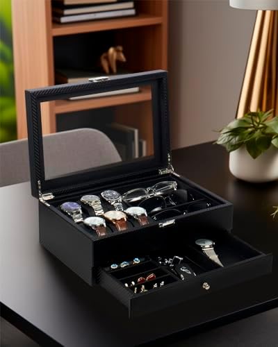 GUKA Watch box, 6 Slot Watch Case, 3 Slot Sunglass Organizer, Watch Cases for men with Real Glass Lid, Watch Organizer storage with Jewelry Case, Birthday for Men and Women, Black - Image 3