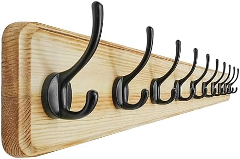 Dseap Coat Rack Wall: 38-1/4" Long, Patented, Heavy-Duty, 10-Double-Hooks Wooden Wall Mounted Coat Rack Coat Hanger Hook Rail for Winter Coats Hat Jacket Clothing, Light Brown by Dseap