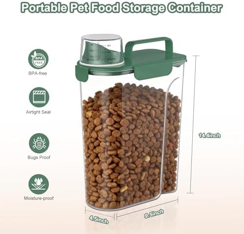 Uppetly Dog Cat Food Storage Container, 5-7Lbs Pet Food Containers, Airtight Cat Food Container with Portable Handle & Measuring Cup, Small Animal Dry Food Dispenser for Dogs, Cats and Birds Green - Image 3