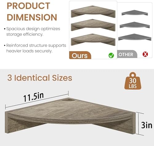 Fun Memories Corner Shelf Wall Mount, Wood Floating Corner Shelves,Corner Wall Shelf for Bedroom, Bathroom, Kitchen, Living Room (Grey, 3 Pack) - Image 3