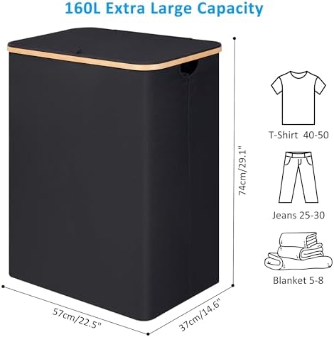 efluky Double Laundry Hamper with Lid and Removable Bags, 160L Black - Image 4