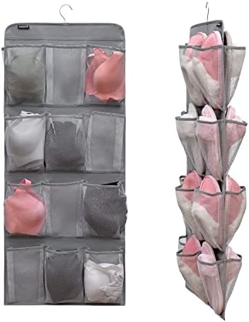 Dual Sided Hanging Shoe Organizer for Closet with Rotating Hanger Hanging Shoe Rack Holder with 24 Large Pockets (Grey-Mesh Pockets) by ANZORG