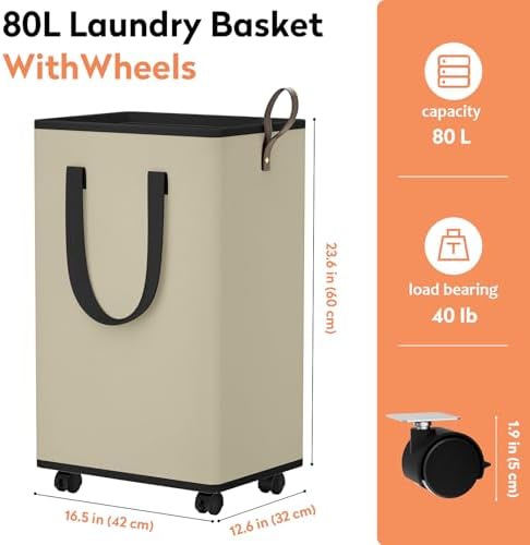 SpaceTrove Rolling Laundry Basket with Wheels, Laundry Hamper, 80L, Beige - Image 4