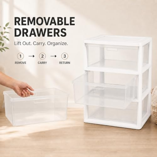 Plastic Storage Drawers, 3 Drawer Tower with Clear Removable Bins, White - Image 4