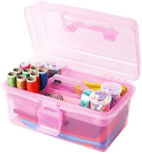 Multipurpose Plastic Storage Container Organizer Box Case with Removable Tray and Handle for Art, Craft, Sewing Supplies, Clear&Pink - Image 6