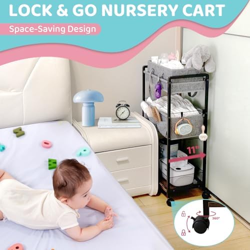 2IN1 Baby Diaper Caddy Organizer-3 Tier Rolling Storage Cart with Dividers - Bedside Diaper Caddy Cart for Baby Nursery Newborn Essentials-Mobile Utility Carts with Wheels for Changing Table - Image 5