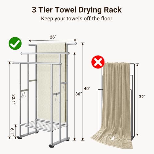 ELYKEN 3 Tier Freestanding Towel Rack with Shelf, 40" H Towel Stand, Silver - Image 3