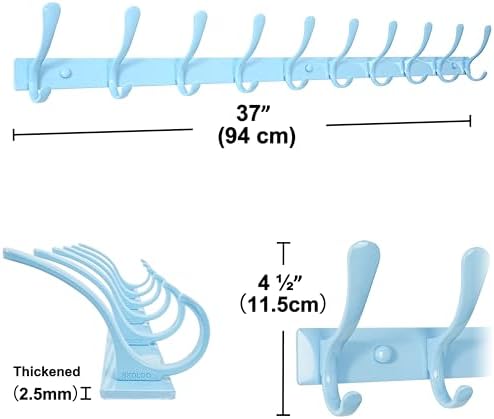 SKOLOO Coat Rack Wall Mounted - 10 Hooks, Heavy Duty, Stainless Steel, Metal Wall Hanger, Sturdy Coat Hooks for Hanging Coats, Jacket, Clothes, Hat, Blue - Image 5