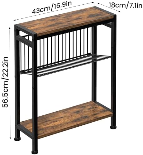 Small Side Table Set of 2 for Small Space, 3-Tier Narrow End Table with Magazine Holder, Slim Nightstand, Skinny Snack Couch Table in Living Room, Bedroom and Balcony (Rustic Brown &Black) - Image 3