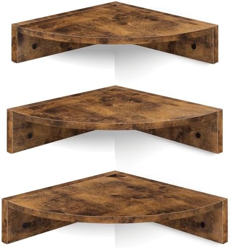 Homode Corner Shelf Wall Mount, Set of 3 Floating Corner Shelves with Cord Hole, 3 Tier Wood Wall Display Shelf, Storage for Bathroom Living Room Kitchen Bedroom, Rustic Brown and Black by Homode