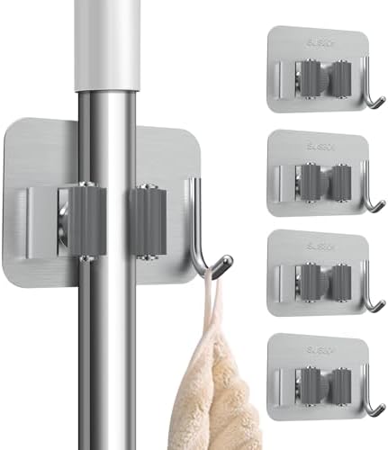 nacena 4 Pack No Drill Self Adhesive Broom Mop Holder Wall Mount with Hooks, Heavy Duty Stainless Steel Organizer for Kitchen Bathroom Garage Storage,Silver by nacena
