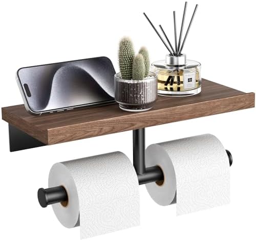 Tindbea Double Toilet Paper Holder with Wood Shelf, Wooden Wall Mount Toilet Paper Roll Holder, Matte Black Stainless Steel Bathroom Toilet Tissue Holder (Walnut) by Tindbea