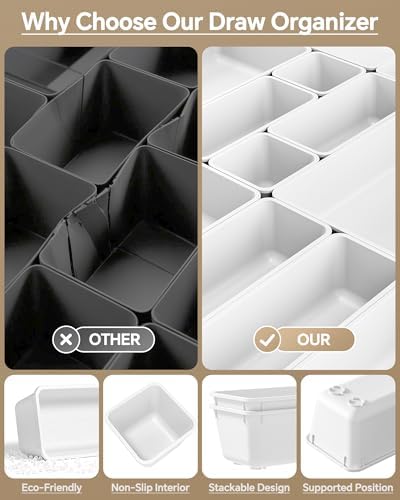 KEMETHY 25 PCS Plastic Drawer Organizers Set, 4 Sizes Vanity Organizer, Makeup and Desk Drawer Organizer Trays, Organization and Storage for Makeup, Bathroom, Kitchen Utensils and Office (White) - Image 5