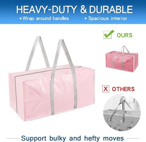 Heavy Duty Extra Large Moving Bags with Extra Long Handles -Includes Backpack Straps - Easy Storage For Space Saving (Pink-6 Bag) - Image 2
