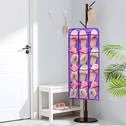 Dual Sided Hanging Shoe Organizer for Closet with Rotating Hanger Hanging Shoe Rack Holder with 24 Large Pockets (Purple-Clear Pockets) - Image 5