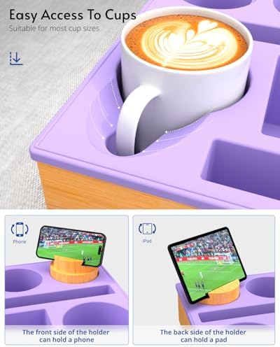 Couch Cup Holder Tray - Couch Organizer Caddy, Silicone Beach Caddy with Cup Holder, Sofa and Bed Drink Holder and Couch Tray Table for Snacks Beverage Remote (Purple) - Image 3