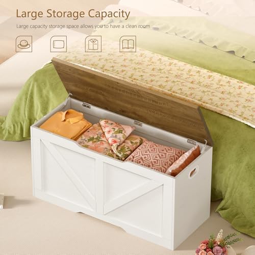 usikey 39.4" Storage Chest, Toy Box with 2 Safety Hinges, Lift Top Wooden Toy Chest, Storage Bench, for Living Room, Bedroom, Entryway, White+Honey Brown - Image 4
