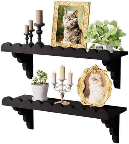 QsQueen Scalloped Wood Wall Shelf – 17 Inch Floating Shelf with Wood Brackets, Easy to Install Rustic Wall Shelf for Living Room, Bedroom, Bathroom, or Any Space, Black Shelves by QsQueen