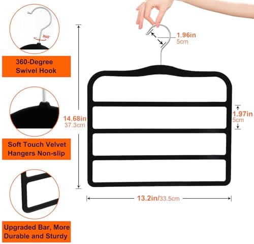 4 Pack Space Saving Velvet Pants Hangers, Dorm Room Essentials, Non-Slip Multi-Tier Closet Organizer for Jeans & Slacks, Maximize Wardrobe Storage with Multi-Purpose Rack for Shorts, Scarves & Ties - Image 3