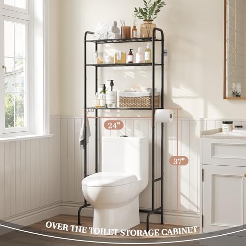 STDDRE 3-Tier Over The Toilet Storage Space Saver with Paper Holder Freestanding Rack Metal Bathroom Shelves with Hooks Above The Toilet Storage Shelf (Black, 3 Tier) - Image 3
