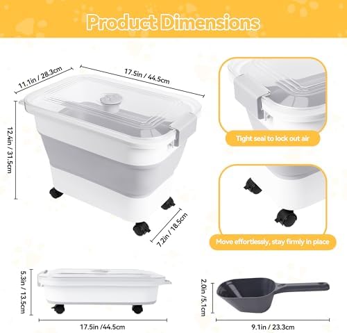Dog Food Storage Container 25-30lbs, Airtight Pet Food Bin with Transparent Lid, Collapsible Design with Rolling Wheels & Scoop, Space-Saving, Light Gray - Image 4