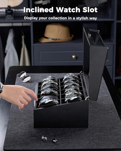 ProCase High End Wooden Watch Box for Men, 2-Layer Wood Watch Display Case Men's Jewelry Organizer Box with Drawer -12 Slot, Black - Image 6