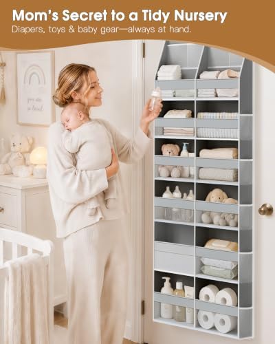 Criusia Over the Door Organizer, Extra Large 12 Compartments Closet Hanging Storage with 14 Mesh Pockets, 85lbs Capacity Behind the Door Storage for Baby Nursery, Bathroom, Bedroom, and Dorm, Grey - Image 4