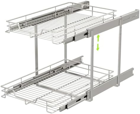 EZKAZA Pull Out Cabinet Organizer 17.5" W x 21" D, 2-Tier Kitchen Cabinet Pullout Shelf and Drawer Organizer Slide Out Pantry Storage Basket, 16.2" W x 21" D x 2.4" H for Bottom Basket Size by Unknown