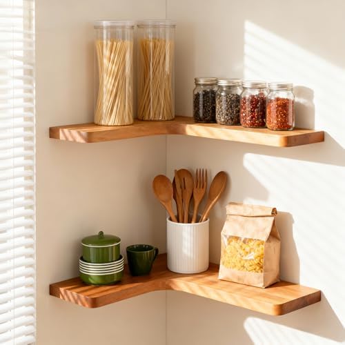 Floating Corner Shelves, Wall Shelf Set of 2, Shelves for Wall Storage, Solid Wood Shelves for Storage, Wall Mount Wooden Display Shelf for Bathroom Bedroom Kitchen Garage (Acacia 2pcs) - Image 2