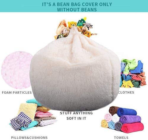 Fluffy Stuffed Animal Storage Bean Bag Chair Cover (No Filler), Faux Fur Comfy Bean Bag Cover for Organizing Plush Toys or Textile, for Adults Teens Kids Girls, Beige - Image 2