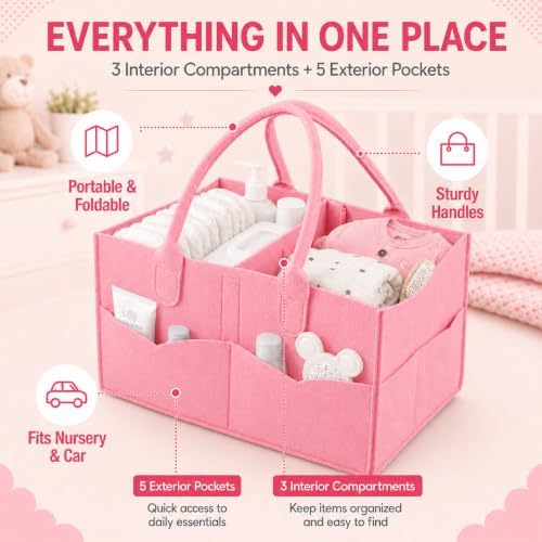 PandaEar Baby Diaper Caddy Organizer, Portable Diaper Holder Organizer Nursery Storage Basket for Wipes & baby stuff, Collapsible Baby Organizer with Divided Design (Light Pink) - Image 7