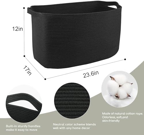 MEGASKET Extra Large Basket for Blankets, 23.6" x 17" x 12" Black Blanket Storage for Living Room, Big Cotton Rope Pillow Holder, Rectangle Kid Dog Toy Bin Box, Woven Laundry Basket, Shoe Bin Entryway - Image 2