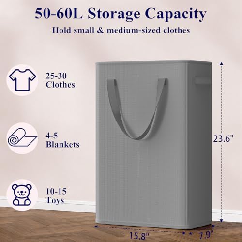 Optish 50L Slim Laundry Hamper, Small Laundry Hamper With Handles, Narrow Laundry Basket for Dorm, Bedroom, Living Room, Collapsible Laundry Basket, Grey - Image 3