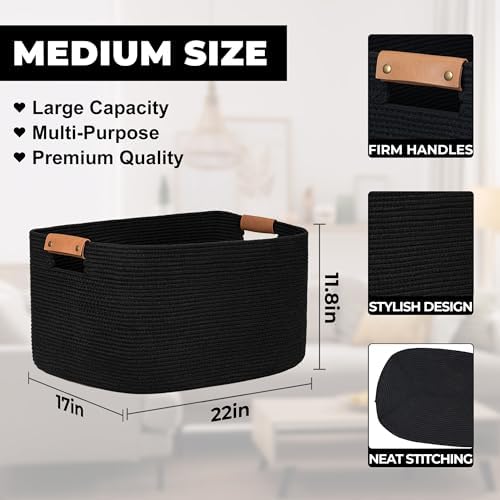 danpinera Large Blankets for Living Room, 72 L Woven Cotton Rope Baskets for Storage, Organizing Kids Toys & Dog Toys, Large Basket Organizer for Nursery, Bedroom, Bathroom, 22’’*17’’*11.8’’ Black - Image 2
