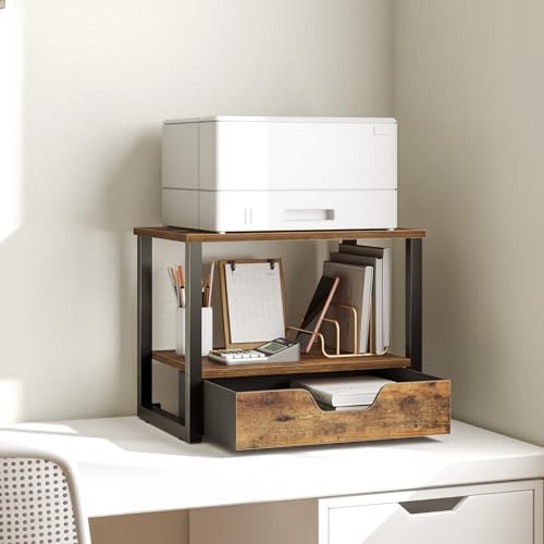 YATINEY Desktop Printer Stand, 2-Tier Printer Table with Non-Woven Drawer, Multi-Purpose Desk Organizer for Home Office, Under Desk Open Organizer Shelf, Rustic Brown PS01BR - Image 2